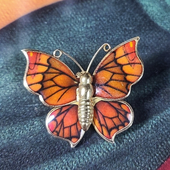 Vintage gold tone enamel orange black butterfly brooch pin / necklace pe… - Picture 13 of 17